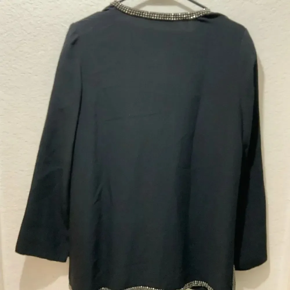 Tory Burch Mallet Embellished Studded Silk V Neck Tunic Blouse Top Black 6
